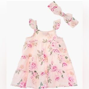 Stunning Juicy Couture floral beige/pink poly/cotton dress with headband. NWT.